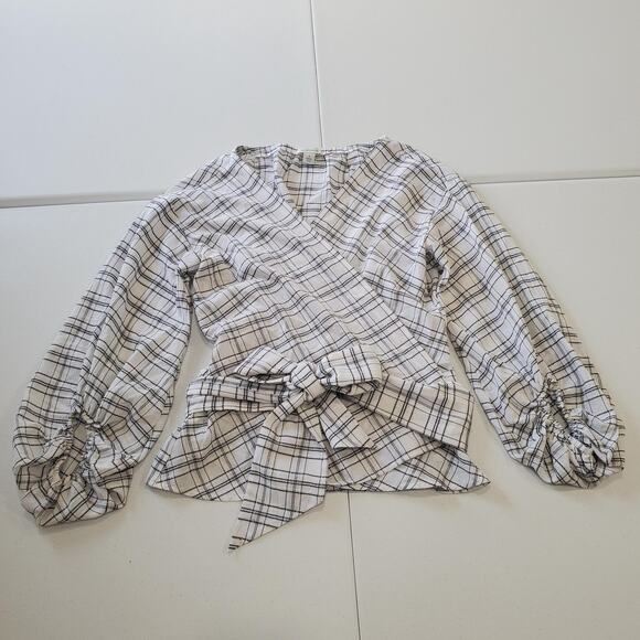 Sundance Blouse Womens Small Plaid Wrap Top Puff Sleeve Bow Tie White Black - Picture 1 of 7